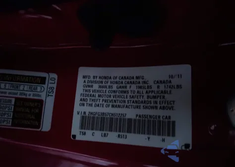 2012 Honda Civic Lx from USA, damaged, VIN 2HGFG3B57CH512257